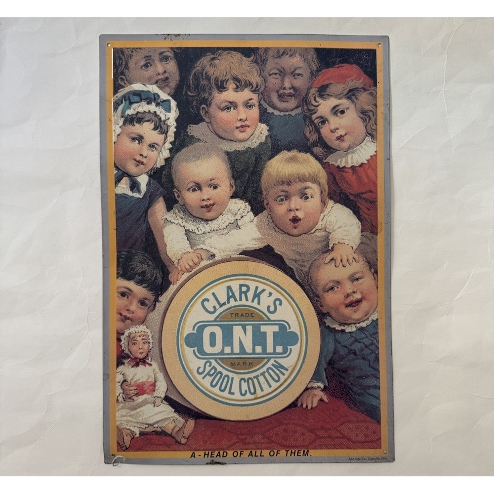 Vtg Clarks ONT Advertising Metal Sign Spool Cotton Metal 11"x16.25" Babies Kids